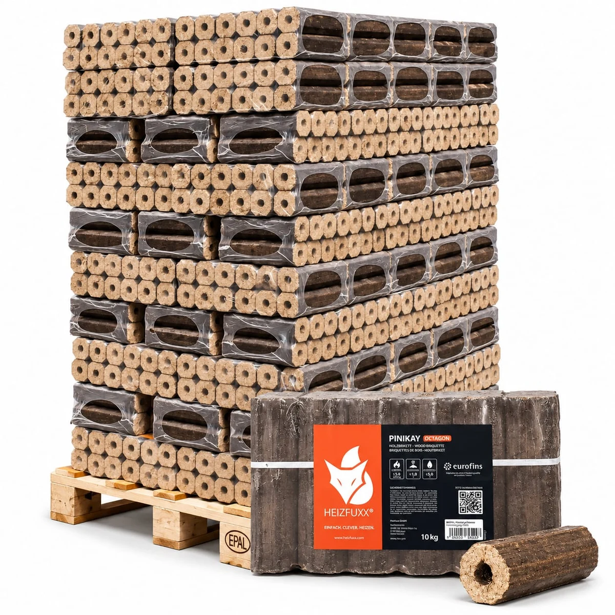 Pini Kay Hartholzbriketts Eiche mit Zugloch – Palette mit 96 Packungen à 10 kg